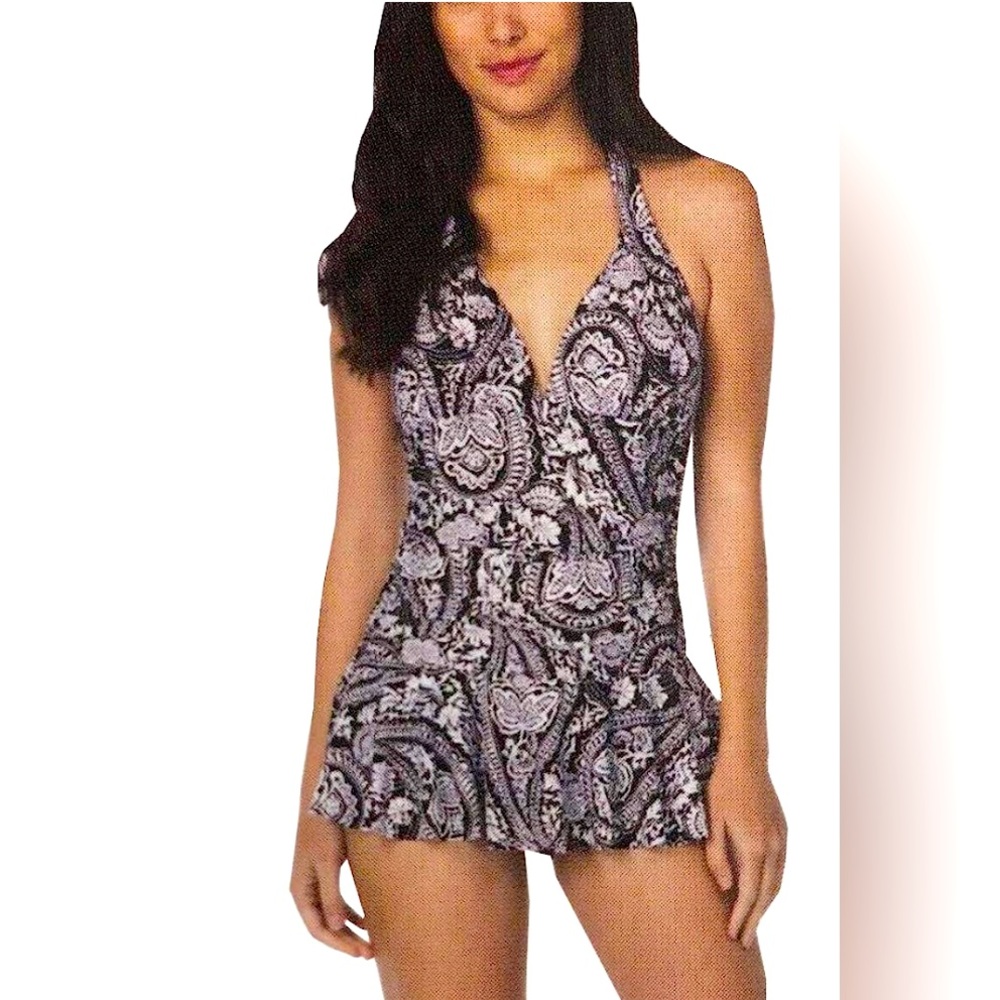 Rose Marie Reid Ladies' Swim Dress, White and Black Halter, Small. NWT